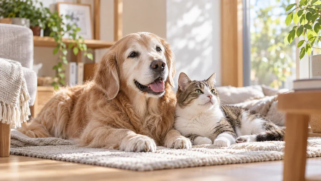 日差しの入る部屋で寄り添ってくつろぐシニア犬と猫