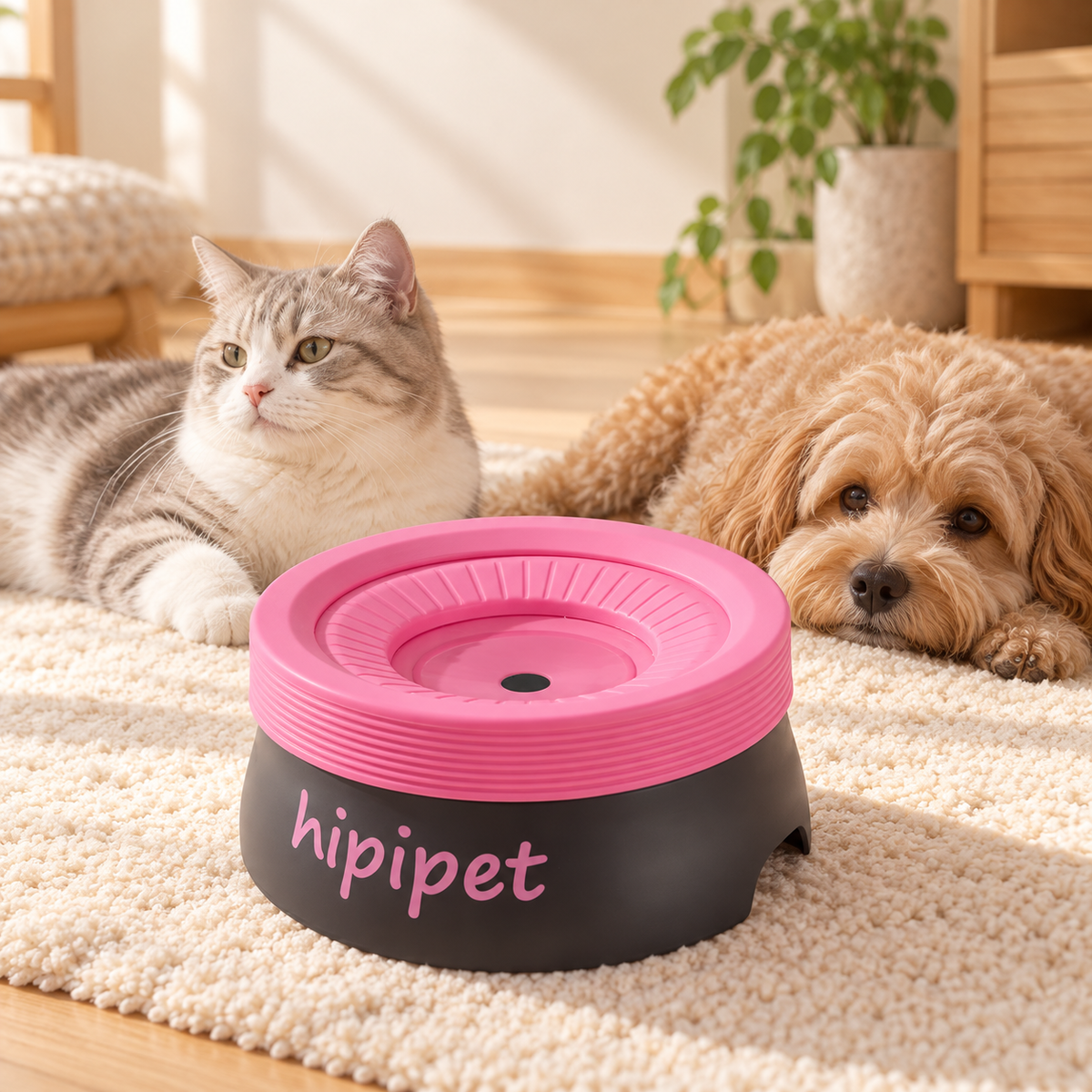 給水ボウルのそばでくつろぐ犬と猫